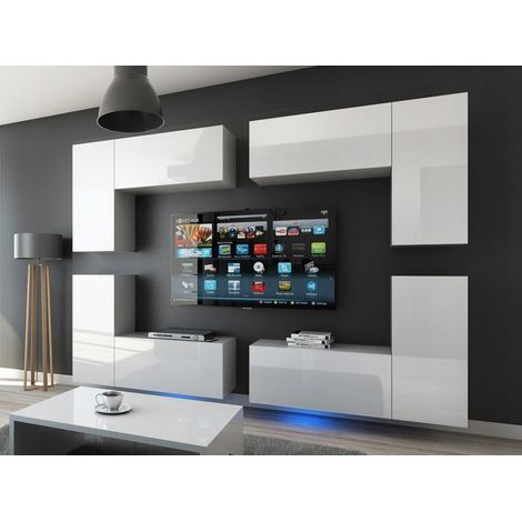 Conjunto de muebles de sala blancos colgantes colección CEPTO XX 260cm, 8 muebles, leds, modulares.