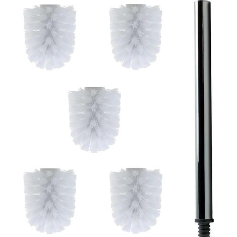 5 têtes de brosse WC de rechange blanches Ø env. 6,5 cm + 1 poignée en acier inoxydable de 26,5 cm – Brosse WC – Interchangeable – Design moderne (1/5)