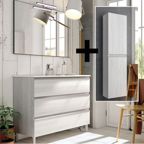 Ensemble meuble de salle de bain 60cm simple vasque + colonne de rangement - hibernian (bois blanchi) - PALMA (1/5)