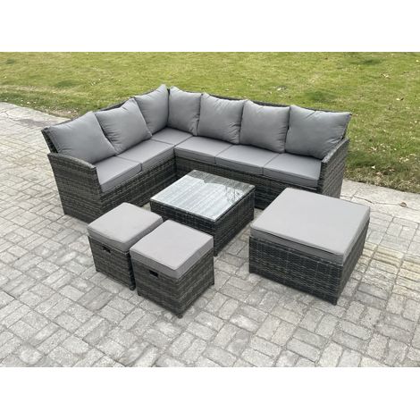 Fimous 9 Seater Outdoor Garden Furniture Set Wicker PE Rattan Corner Sofa Set with Square Coffee Table 3 Footstools Dark Grey Mixed