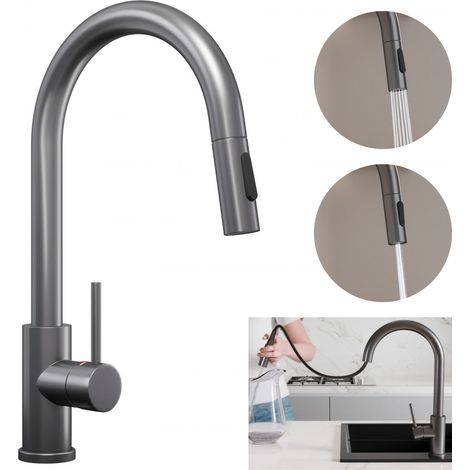 PRIMAGRAN Robinet de cuisine 9010, Robinet d'évier rotation 360°, Robinet haute pression, avec deux types de jet, avec bec rétractable, Gun Metal