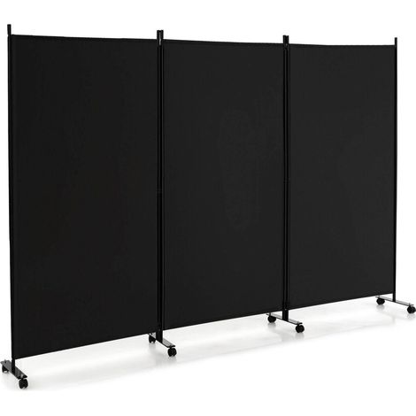 3 Panel Folding Room Divider with Lockable Wheels-Black (1/5)
