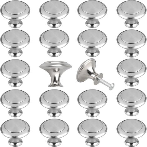 20er-Packung 27 mm Küchenschrankknöpfe und Schubladengriffe aus gebürstetem Nickel, silberfarben, inklusive Schrauben, robustes Beschlagset (1/4)