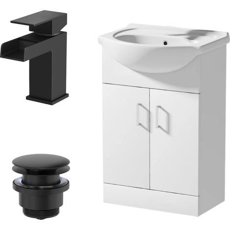 560mm White Gloss Bathroom Vanity Unit Freestanding Black Waterfall Tap & Waste (1/5)