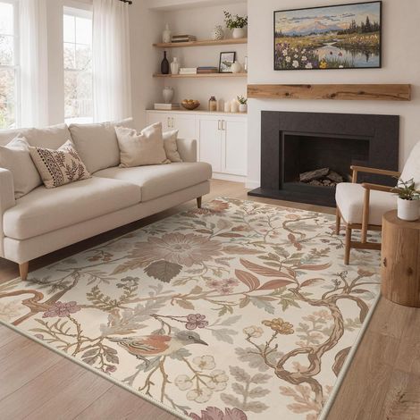 Tapis Salon Vintage 160x230cm Lavable en Machine Rug AntidéRapant Poil Ras, pour Chambre Salle a Manger Descente de Lit Bureau, Cuisine,Jardin Antique Crème Terre Cuite (1/5)