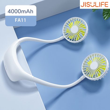 Ventilateur de cou portable JISULIFE, 3 vitesses, 2 têtes, rotation 360°, LED, batterie USB rechargeable (tour de cou) (1/5)