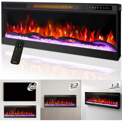 Mexhom Elektrokamin 106,68cm (42 Zoll) Ultradünner Wandkamin, 12 Flammenmodi, geräuscharm, versenkte Montage, Glas-Touchscreen & Fernbedienung, mit Kristall & Holzscheit
