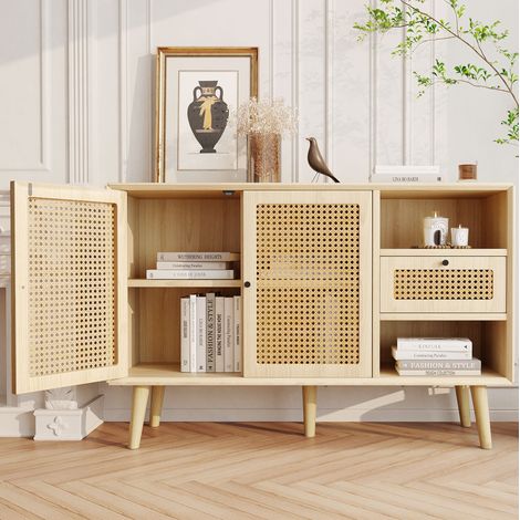 MEUBLIV Sideboard in Eiche 120x40x80 cm mit Geflechtoptik, 1 Schublade und 2 Magnettüren (1/5)