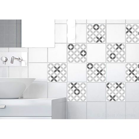 Sticker autocollant décoratif Losanges et Ronds pour carrelage céramique gris, x9, 10x10cm - Décoration adhésive pour crédence de cuisine (1/2)