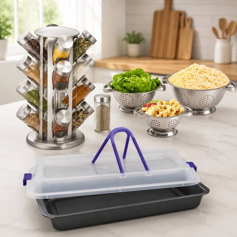 Juego de utensilios de cocina de acero inoxidable (3 piezas): bandeja para tartas, coladores para pasta y estante para especias (1/5)