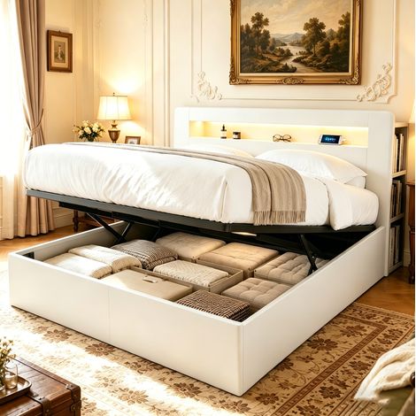 Cama doble con almacenamiento LED y enchufes blanca OKMYHOME (1/5)