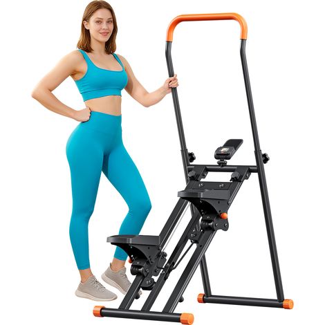 Stepper Escalier Pliable Écran LCD 3 Hauteurs Stepper avec support de main Guidon et Pédales Réglables Marcheur vertical Charge Maximale 100kg Orange