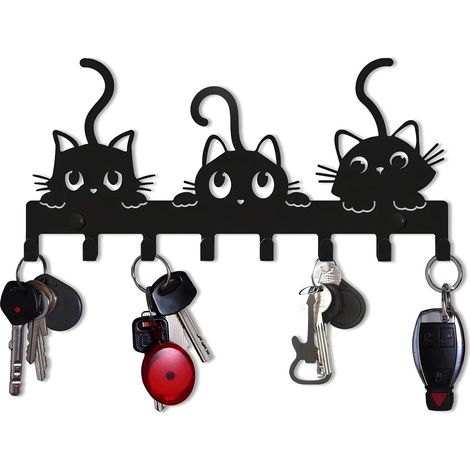 Porte Clés Mural, Noir Porte Clés Décoration Murale, Crochet à Clés Murale Chat, Crochet à Clé pour Chat, Crochet à Clés en Forme de Chat Mignon, pour Manteau, Casquette, Clés (1/5)