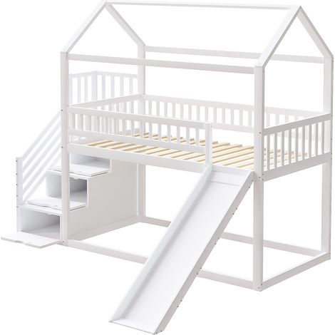 Lit mezzanine pour enfants 90200 cm, avec toboggan et échelle de rangement, garde-corps hauts, cadre en bois massif, sommier à lattes, blanc (1/5)