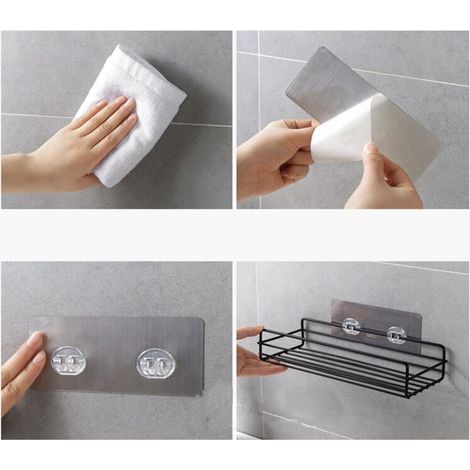 Étagère de Douche Murale en Fer Noir Sans Perçage, Support de Toilette Flottant pour Salle de Bain, Organisateur Minimaliste avec Sticker Invisible (1/4)