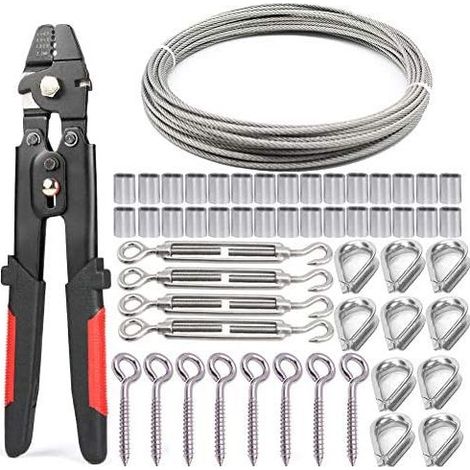 Stahlseil-Set, Drahtseil-Crimpzange + 30 m Edelstahlseil, 4 Spannschlösser, 10 M2-Kauschen, 8 Ösenschraubenhaken - (1/5)