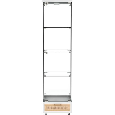 Vitrine moderne en verre avec tiroirs, vitrine avec éclairage LED, bibliothèque en verre trempé, meuble à une porte avec quatre étagères, adaptée au salon et à la chambre, blanc - H167/B42.5/T36.5 cm
