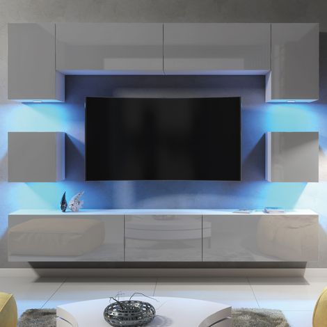 Panorama Wall TV Unit - White with Grey Gloss Doors & LED - 242cm (1/5)