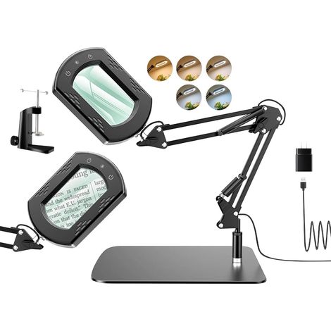 Lámpara de pie con aumento de 15x, luz y clip, 2 en 1, manos libres, 5 modos de color para soldar, leer y hacer joyas. (1/5)