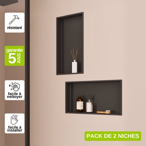 Lot de 2 Niches de Douche 30x60cm - Rangements muraux de Salle de Bain - Noir Satiné - NOOK