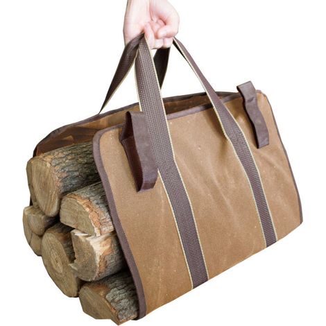 MINE Grande Capacité Toile Sac à Bûche Cheminée Sac de Rangement pour le Bois Imperméable Extérieur Intérieur Transporteur de BoisSangles Porte-bûches en Bois Ciré，Kaki (1/5)