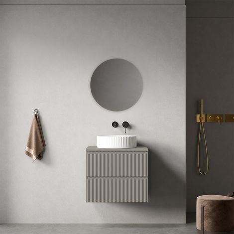 Mobile bagno sospeso cannettato 60 cm Grigio Cenere per Lavabo d'appoggio Specchio Tondo - Fiji Paint Top Canneté