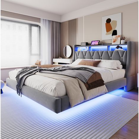 Lit double 219x187.5x112.8 cm, tête de lit rabattable avec rangements et prises, éclairage LED, structure rembourrée en velours gris (1/5)