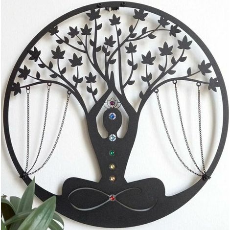 Décoration murale de méditation en métal, arbre de vie et pierres des 7 chakras, cristal brut, symbole d'énergie pour la méditation et le yoga, pendentif noir pour entrée. (1/5)