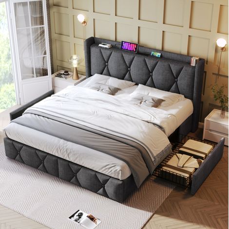 Letto matrimoniale in tessuto di lino grigio 160x200 cm con testiera, prese USB/di corrente e 4 cassetti, rete a doghe inclusa. (1/5)