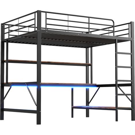 Cama alta 140x200 cm de metal negro con escritorio, estanterías, LED, USB y enchufe (1/5)