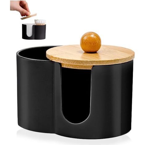 1 Boîte De Rangement Coton Tige Plastique Noir, Support Cosmétique Avec Couvercle, Organisateur Salle De Bain (1/5)