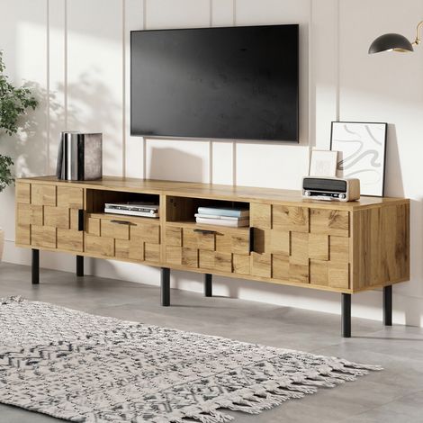 Mueble para TV de tablero de partículas natural y negro 160x35x42.5 cm, 2 puertas, 2 cajones y 2 huecos abiertos (1/5)