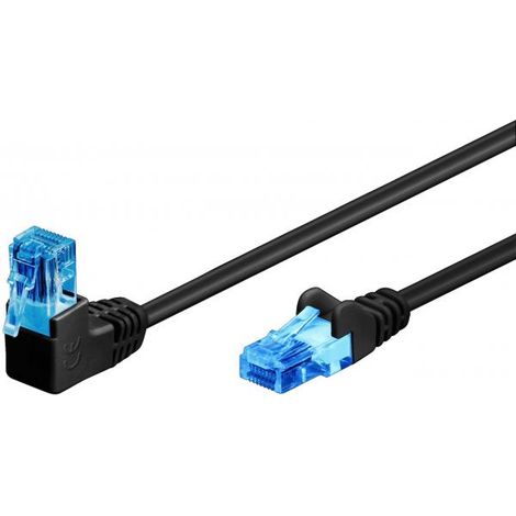 CAT 6A cavo patch 1x 90° angolato U/UTP, nero, conduttore di alluminio placcato di rame (CCA), protezione fermo sopra. Lunghezza del Cavo 0.25 m (1/4)
