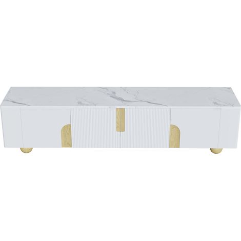 Mobile TV bianco 180 cm con 4 ante, finitura effetto marmo e gambe in legno sferiche (1/5)