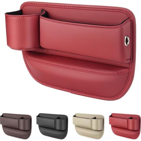 Organizer in pelle per auto, da posizionare nello spazio tra i sedili – Con portabicchieri, vano portaoggetti per il sedile del conducente, adatto per telefono, chiavi, occhiali e carte - Rosso (1/4)