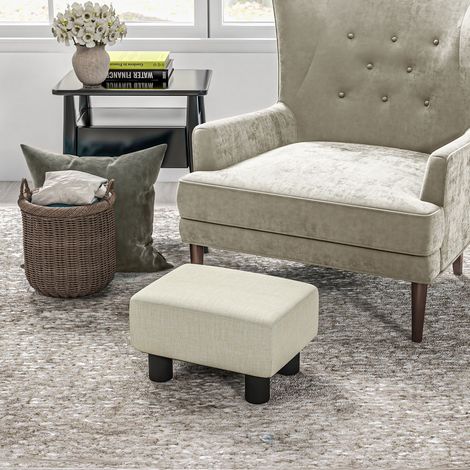 Pouf repose-pied tabouret bas conçu en tissu de lin capacité de charge 110 kilogrammes 40 x 30 x 24 centimètres beige (1/4)