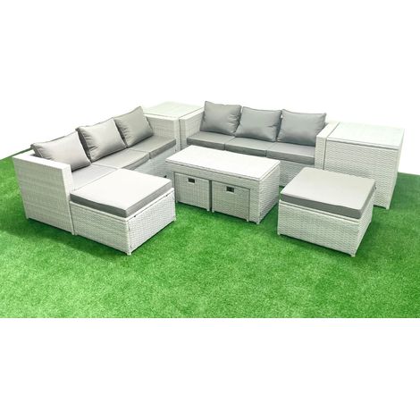 Fimous Polyrattan Gartenmöbelset mit Graue Kissen 10-Sitzer mit Couchtisch und 2 Beistelltischen (1/5)