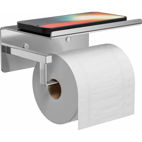 Porte Rouleau Papier Toilette Mural avec Etagère, Adhésif pour Salle de Bain, sans Percage Derouleur Papier Toilette WC -Argent (1/5)