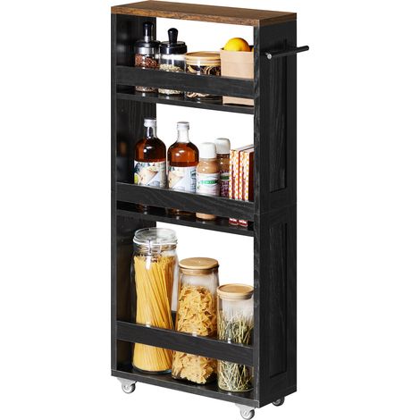 Vasagle – Chariot de rangement fin 4 niveaux – Étagère de cuisine avec roulettes et poignée – Dimensions 15 x 43,2 x 86,5 cm – Noir boisé et marron rustique (1/5)
