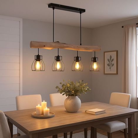 Globo – Suspension en bois avec abat-jour treillis – 4 flammes E27 max 40W – Longueur 82,5cm – Métal noir et bois naturel – Pour salon et salle à manger
