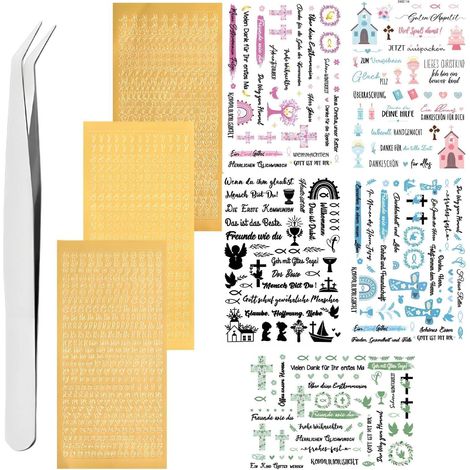 Lot de 8 feuilles de tatouages pour bougies de communion, lettres adhésives dorées, grandes et minuscules, avec pince à épiler, pour bougie de baptême, bougie de communion, bricolage (1/5)