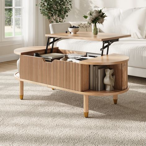 Table basse relevable, rangement intégré, porte coulissante rainurée, MDF, pieds en bois d’hévéa (1/5)