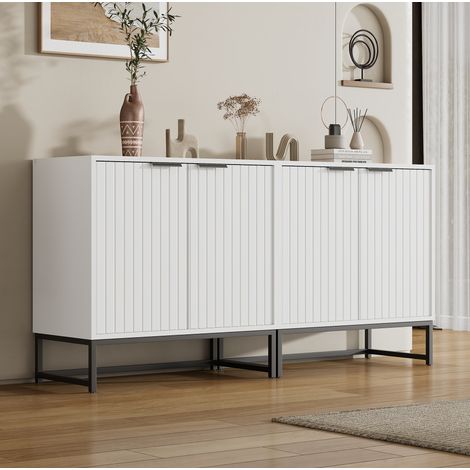 Aparador blanco, aparador de salón con 2 puertas termoformadas, manijas y patas de metal, 160x40x80 cm (1/5)