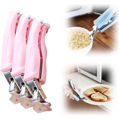 Set di 3 morsetti per piastre riscaldanti – Set di morsetti multifunzionale migliorato per piastre riscaldanti – Set di morsetti antiscottatura per piatti e stoviglie da cucina (rosa)