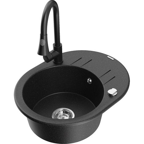 Mexen Kevin fregadero de granito 1 seno con escurridor y grifo de cocina Elia, negro/plateado met谩lico - 6517-73-670101-70 (1/5)