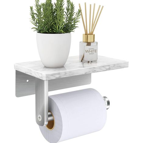 Porte Papier Toilette Mural, Support Papier Toilette avec Étagère en Marbre Naturel, 304 Acier Inoxydable Porte Rouleau Papier Toilette, Brossé Mat (1/5)