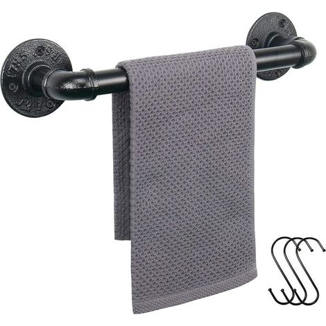 Industrial style wall-mounted towel rail, 36 cm, sturdy metal pipe, black, bathroom (1/5)