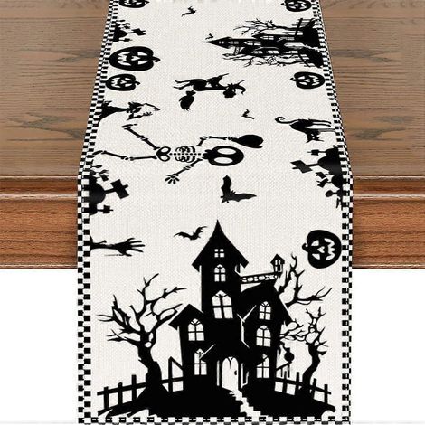 Chemin de table d'Halloween avec fantômes et chauves-souris, pour salle à manger, cuisine, salon, chambre (33 x 183 cm) Noir/Blanc 33 x 183 cm (1/5)