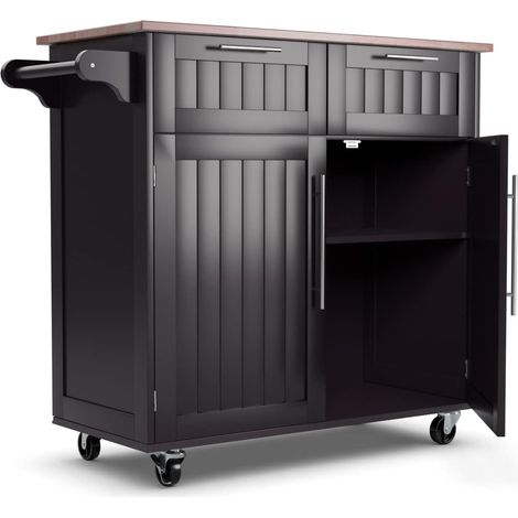 Costway – Desserte de cuisine avec 2 tiroirs et 2 placards – Bois d'hévéa et pin – 4 roues universelles dont 2 avec freins – Dimensions 94x41x94cm (1/5)