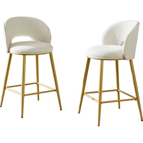 Lot de 2 tabourets de bar en tissu beige, dossier ajouré, structure métal doré, repose-pieds confortable pour cuisine et îlot, style moderne CHICFURN (1/5)